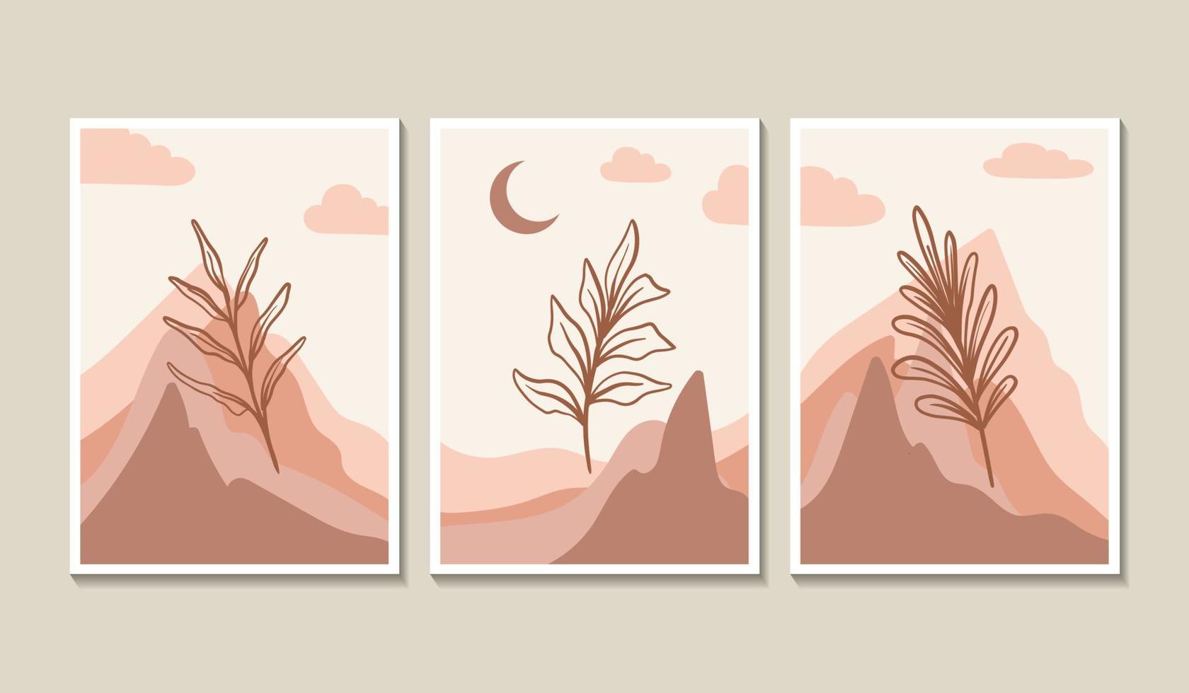 Set of three aesthetic mid century modern landscape contemporary boho poster cover template vector