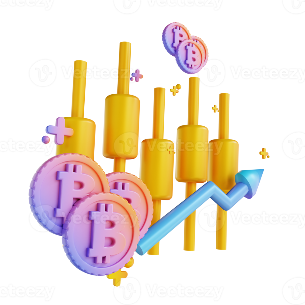 3D illustration colorful bitcoin candle stick up png