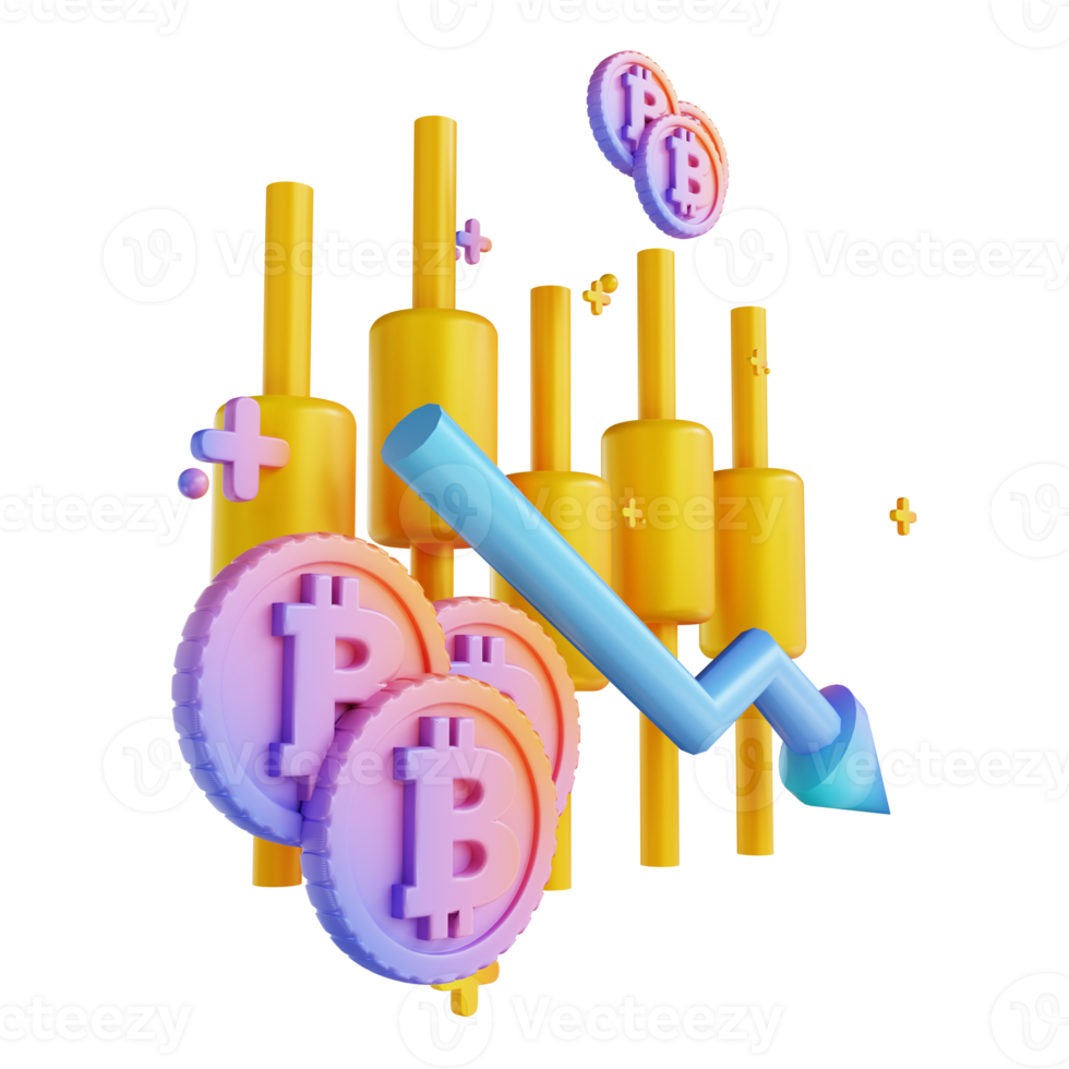 3D illustration colorful bitcoin candle stick down png