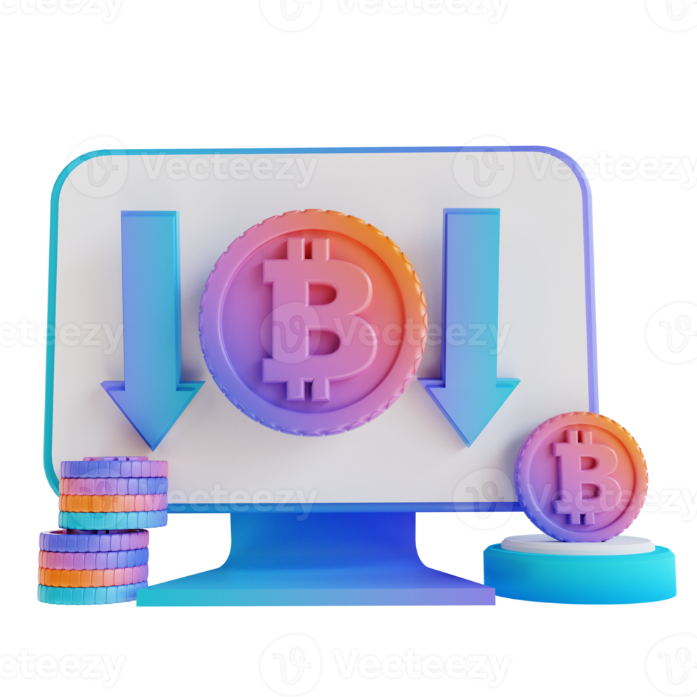 3D illustration podium monitor bitcoin trading down png