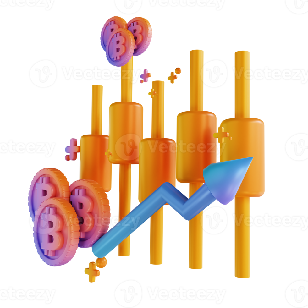 3D illustration colorful bitcoin candle stick up png