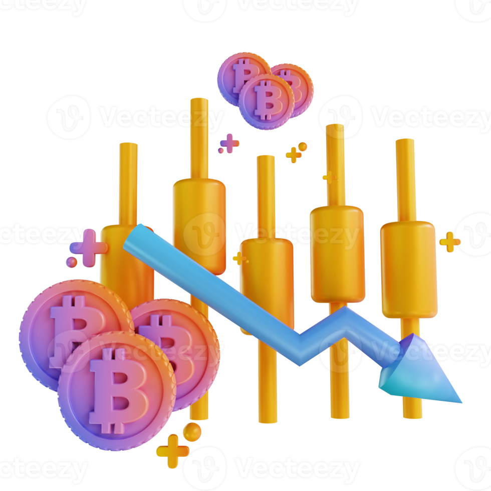 3D illustration colorful bitcoin candle stick down png