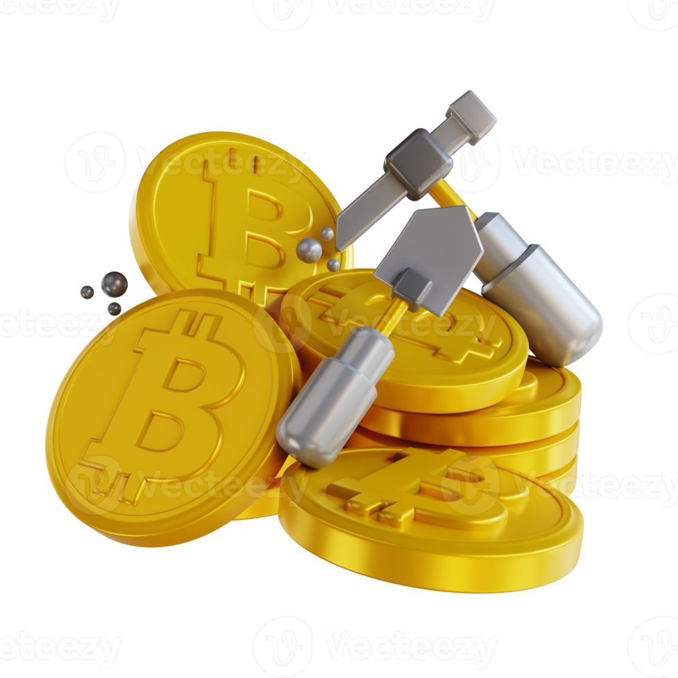 3D illustration gold bitcoin mining png