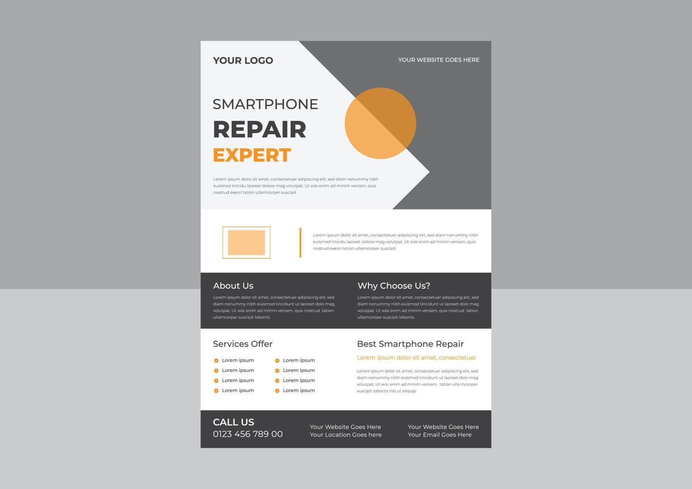 Computer smartphone repair service flyer poster leaflet template, Mobile app promotion flyer template, Mobile app flyer poster leaflet template, Smartphone repair service flyer sample and ideas. vector