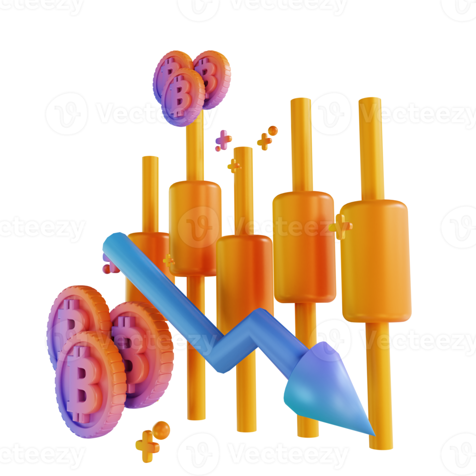 3D illustration colorful bitcoin candle stick down png