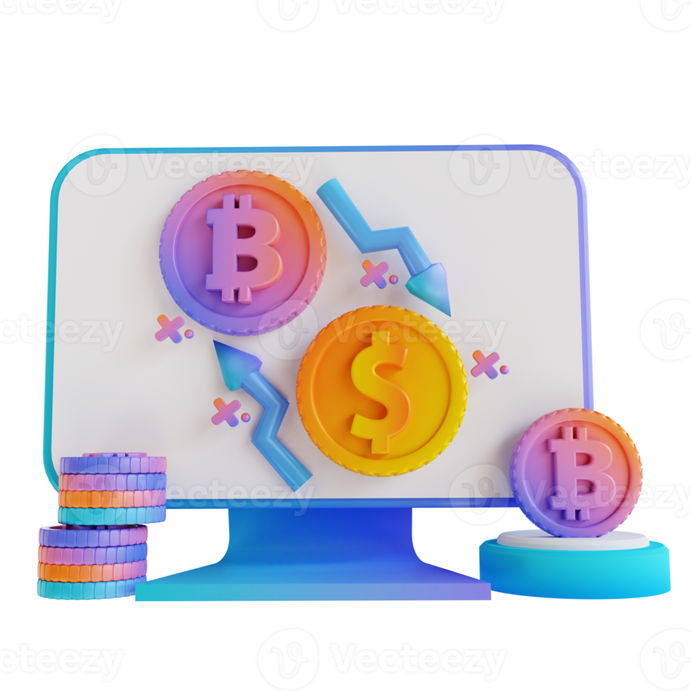 3D illustration podium monitor bitcoin trading exchange png