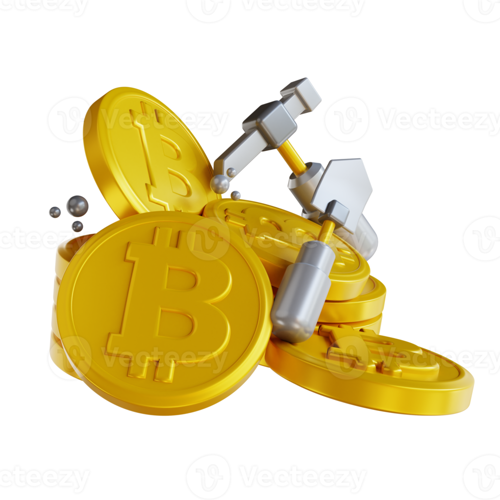 3D illustration gold bitcoin mining png