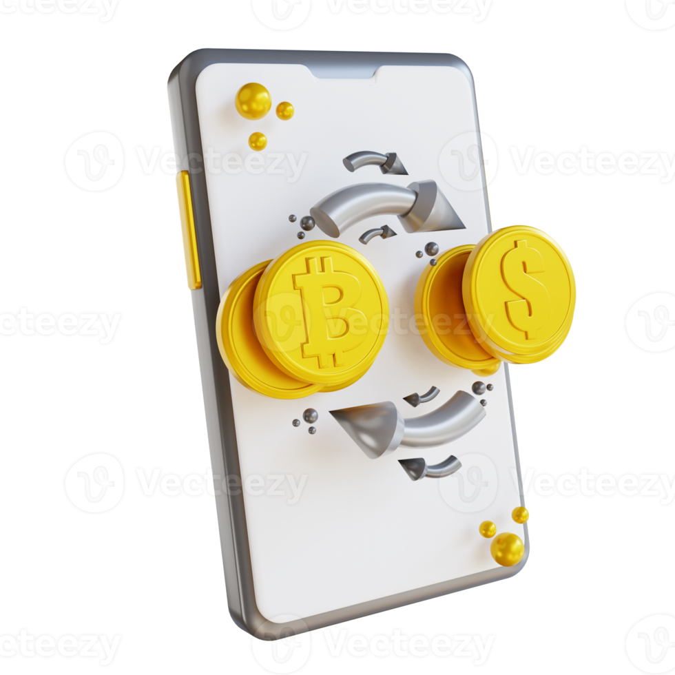 3D illustration mobile bitcoin exchange png