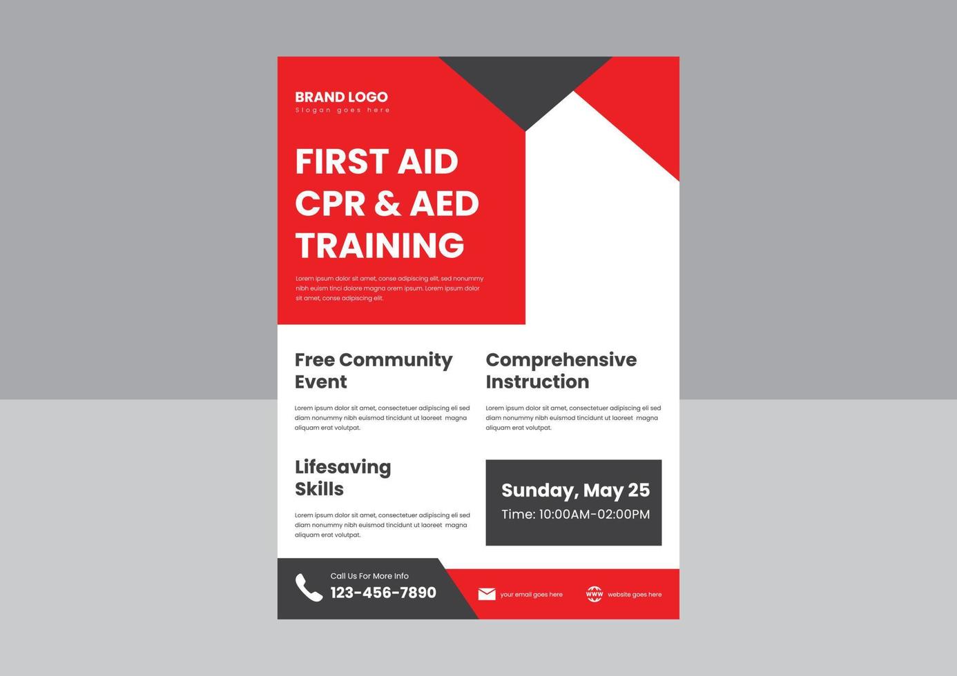 CPR and first aid training flyer poster template. CPR training course flyer poster design. first aid adult CPR training flyer design. vector