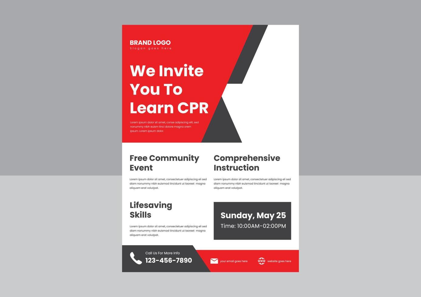 CPR and first aid training flyer poster template. CPR training course flyer poster design. first aid adult CPR training flyer design. vector