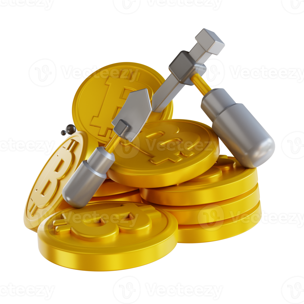 3D illustration gold bitcoin mining png