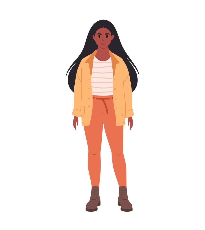 Modern young black woman in casual outfit. Stylish fashionable look. vector