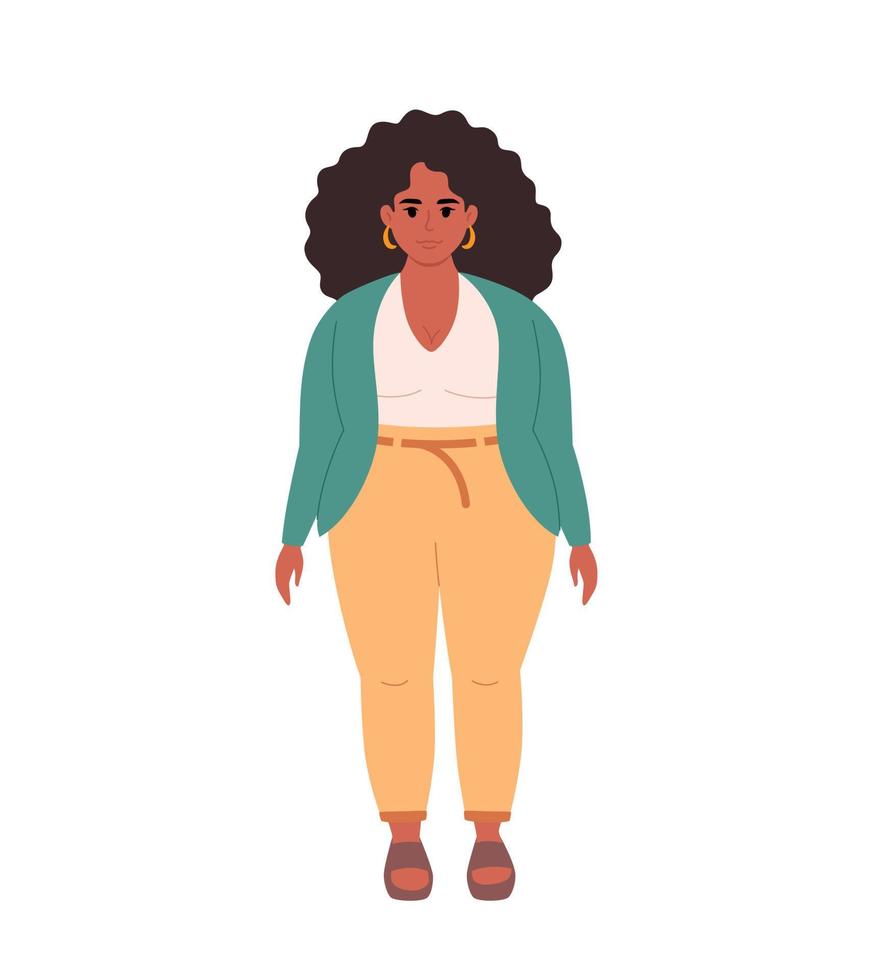 Modern young overweight black woman in casual outfit. Stylish fashionable look vector