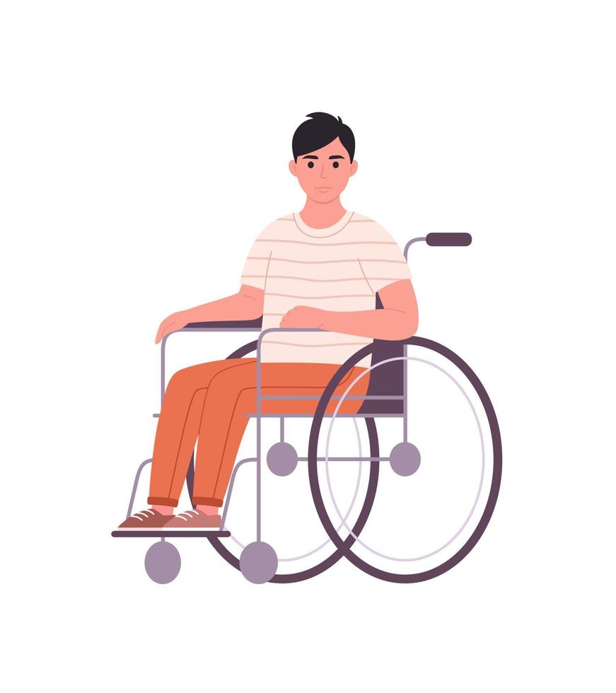 Disabled young man sitting in wheelchair. Male character with a physical disability. vector