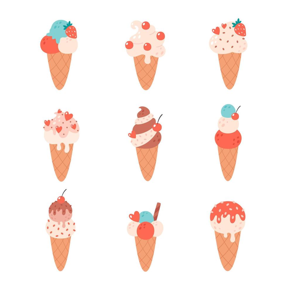 Ice cream collection. Ice cream cone with different flavors. Summertime, hello summer. vector