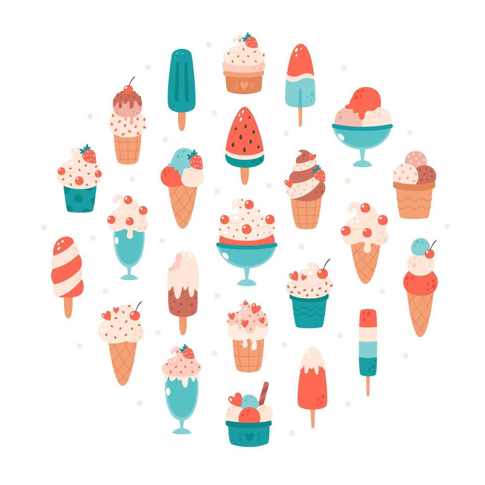 Ice cream collection. Ice cream cone with different flavors, ice lolly, ice cream in glass. Summertime, hello summer vector