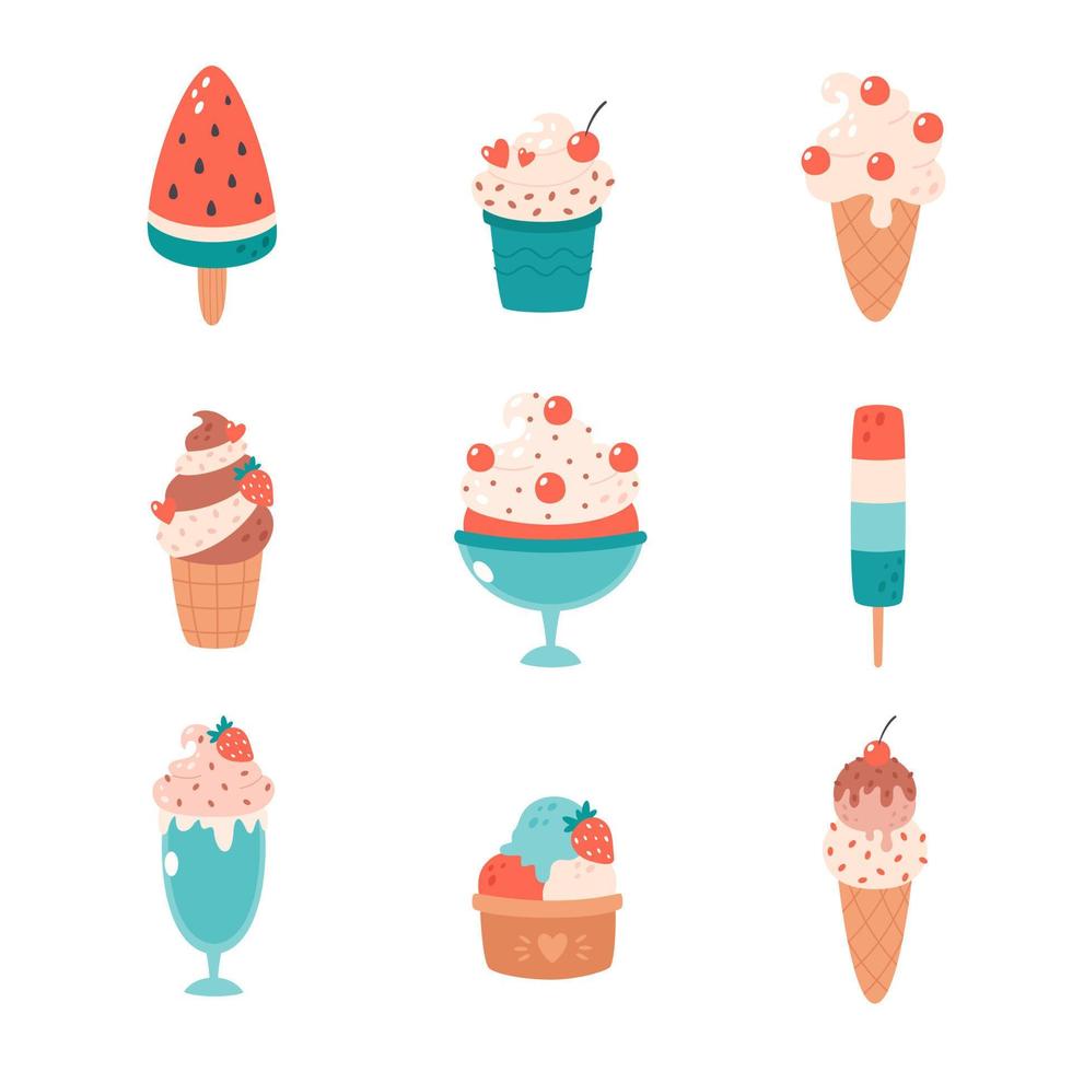 Ice cream collection. Ice cream cone with different flavors, ice lolly, ice cream in glass. Summertime vector