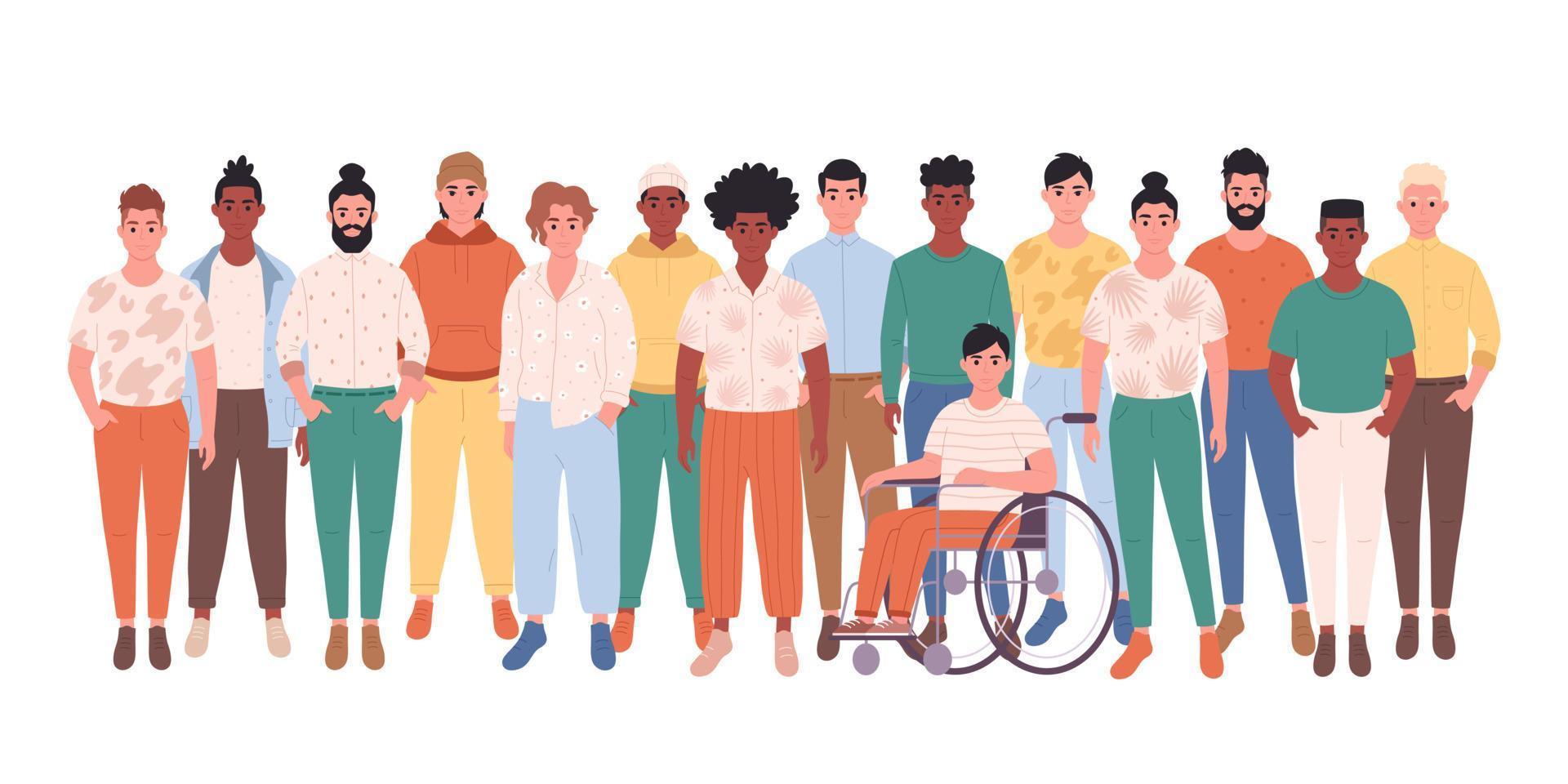 Men of different races, body types, hairstyles. Social diversity in modern society. Man with physical disability vector