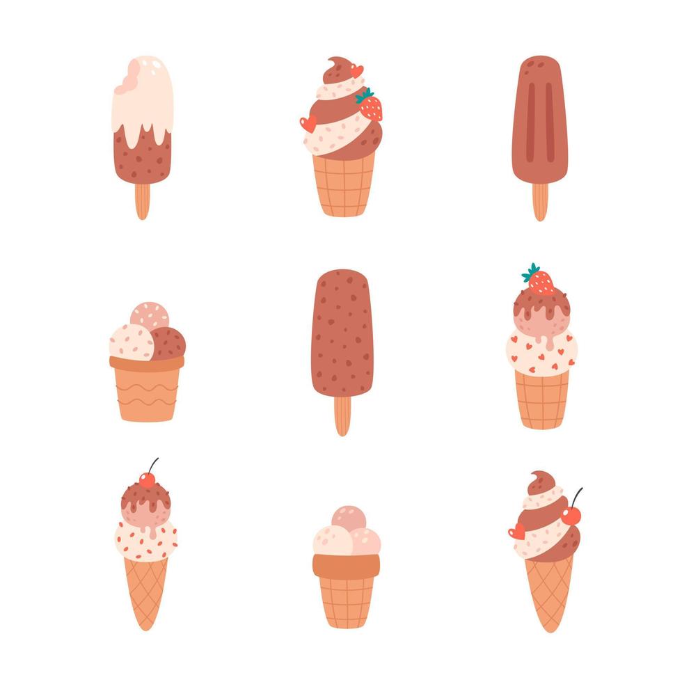 Chocolate and vanilla ice cream collection. Ice cream cone, ice lolly, ice cream in cup. Summertime vector