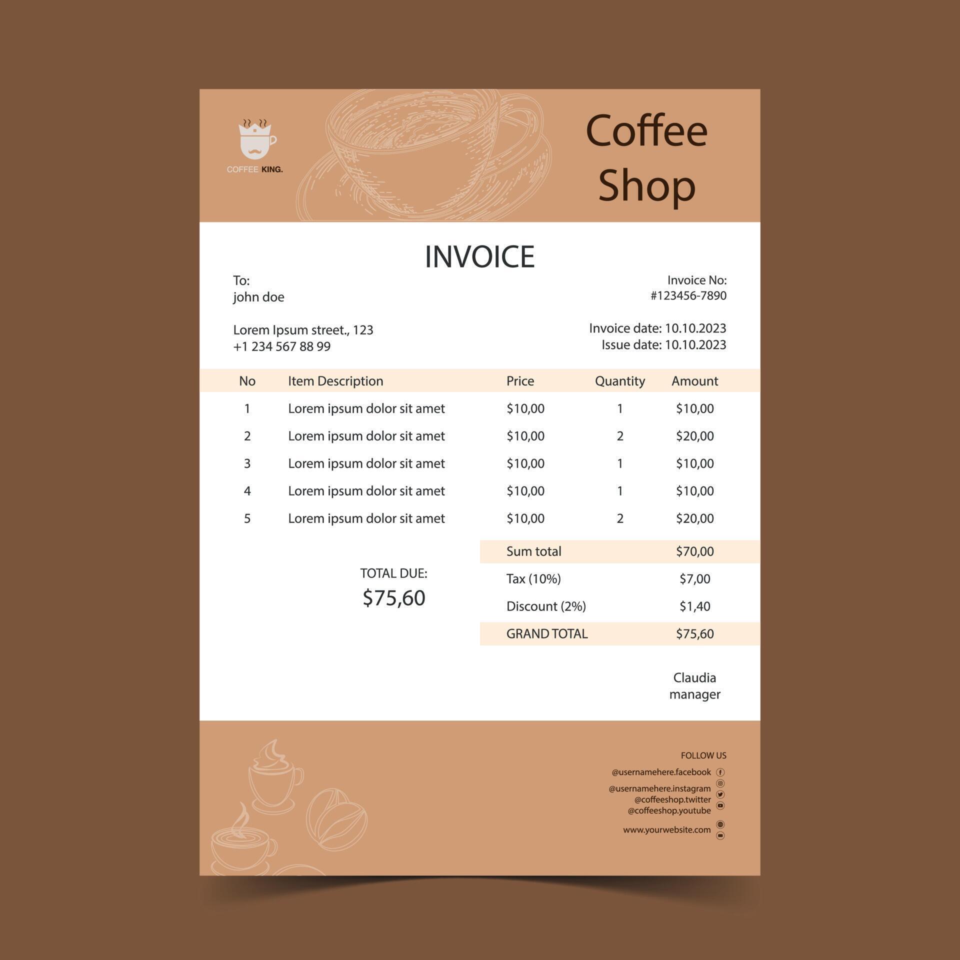 Professional coffee shop invoice template Design for receipt invoice
