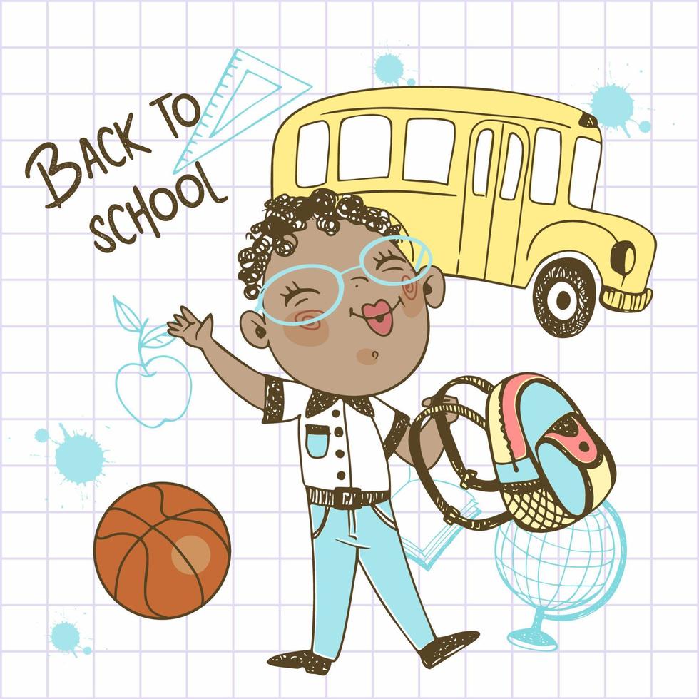 Cute dark-skinned boy student with a ball and a backpack goes to school. Back to school. The school bus. Vector