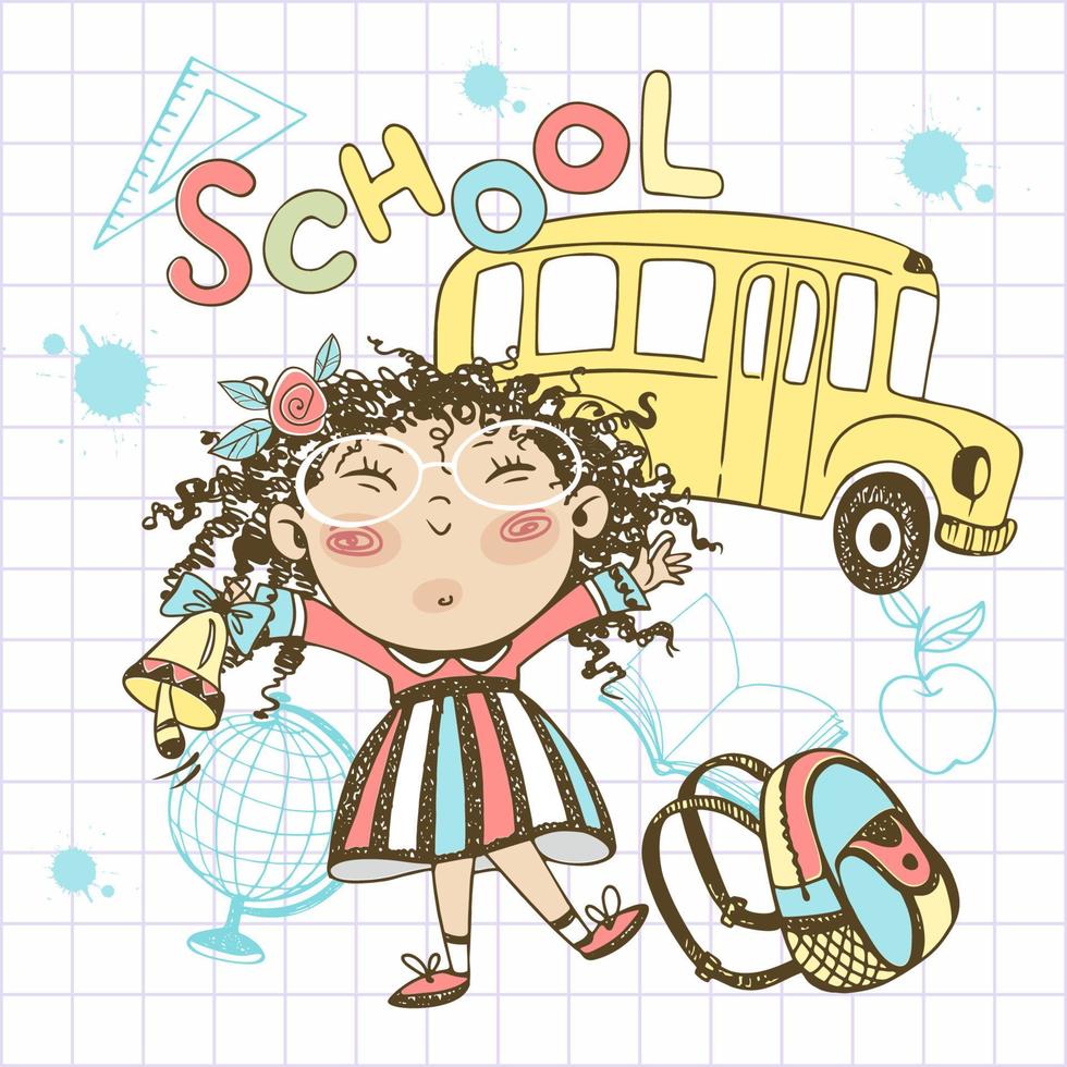 A cute girl with a bell and a briefcase goes to school. Back to school. The school bus. Vector