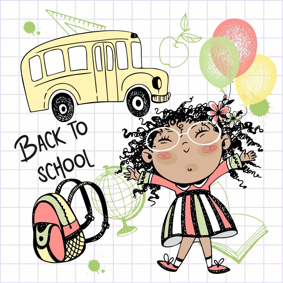 una linda chica con globos y un maletín va a la escuela. De vuelta a la escuela. el bus escolar. vector