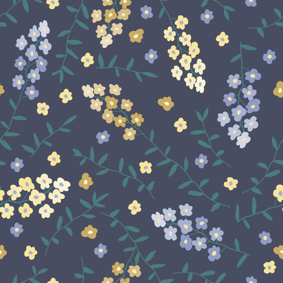 Seamless pattern with yellow and blue flowers on a dark background. Vector illustration