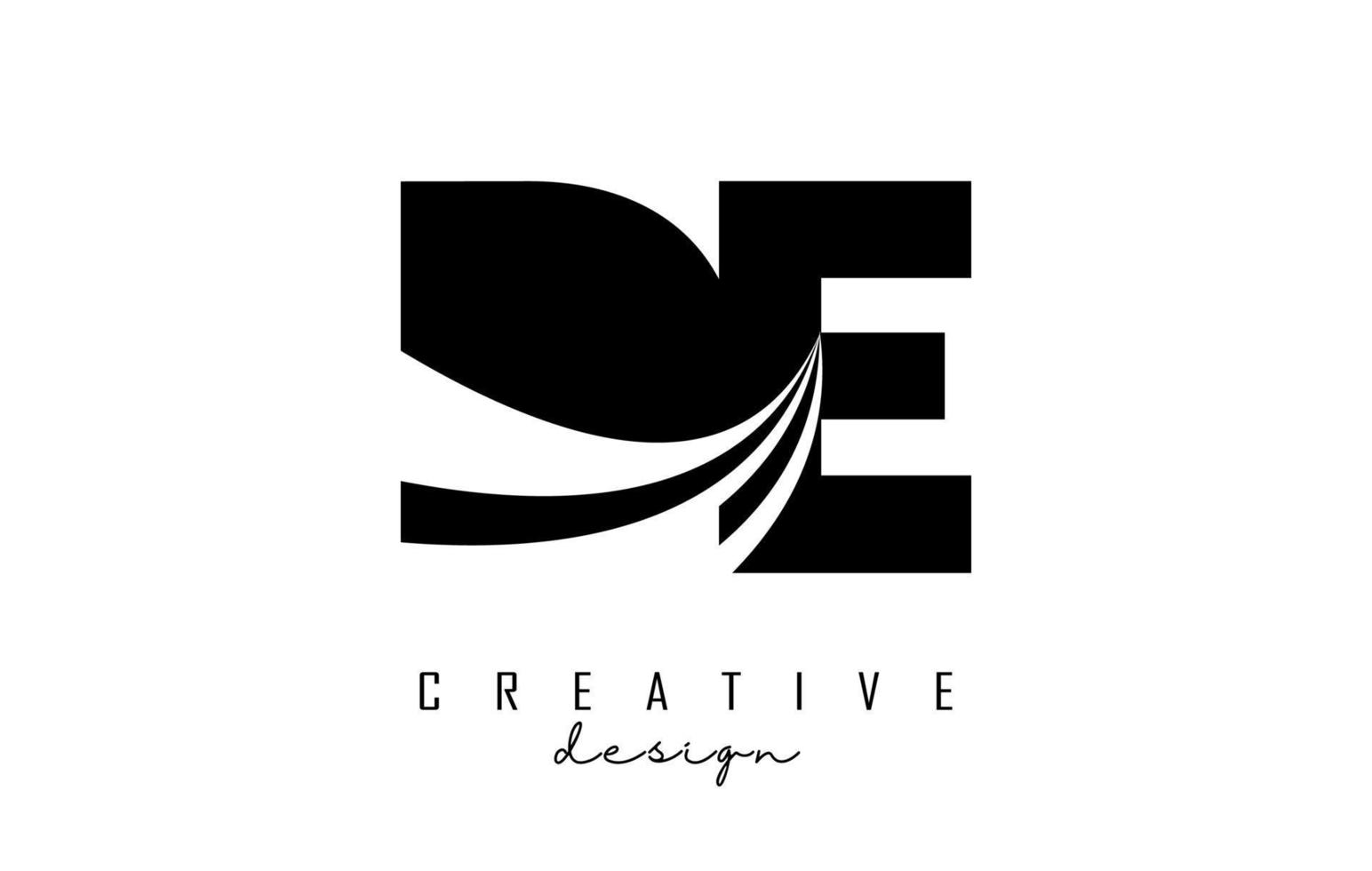 Creative black letters DE d e logo with leading lines and road concept design. Letters with geometric design. vector