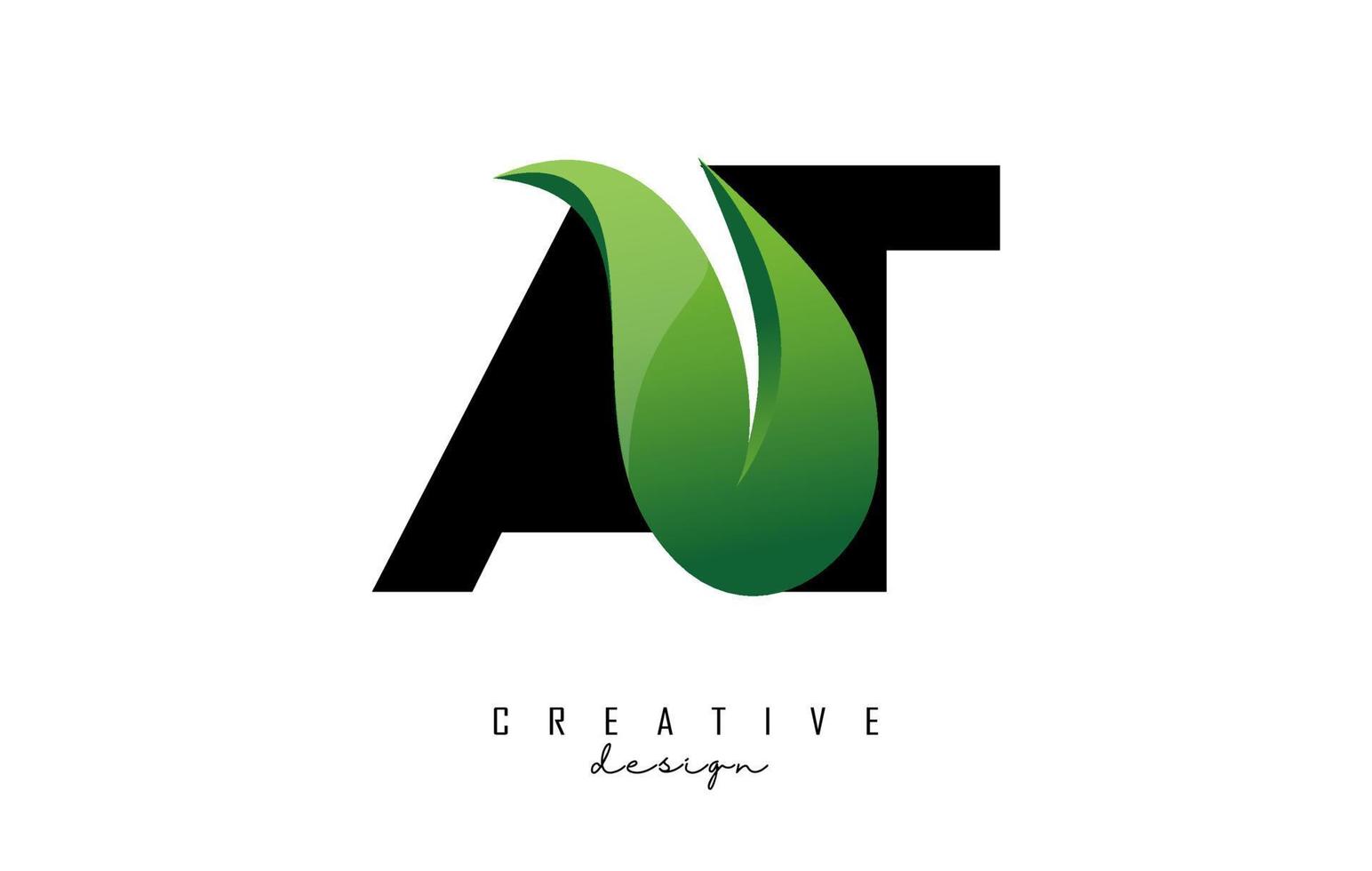 Vector illustration of abstract letters AT a t with green leaf design.