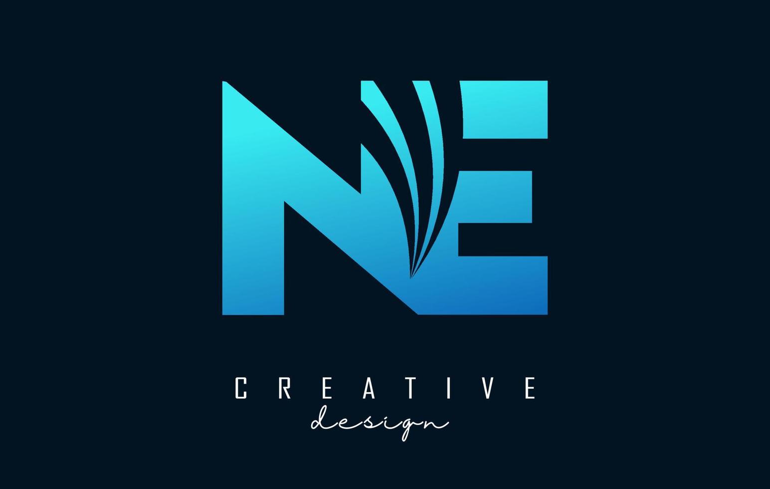 Creative blue letters NE n e logo with leading lines and road concept design. Letters with geometric design. vector
