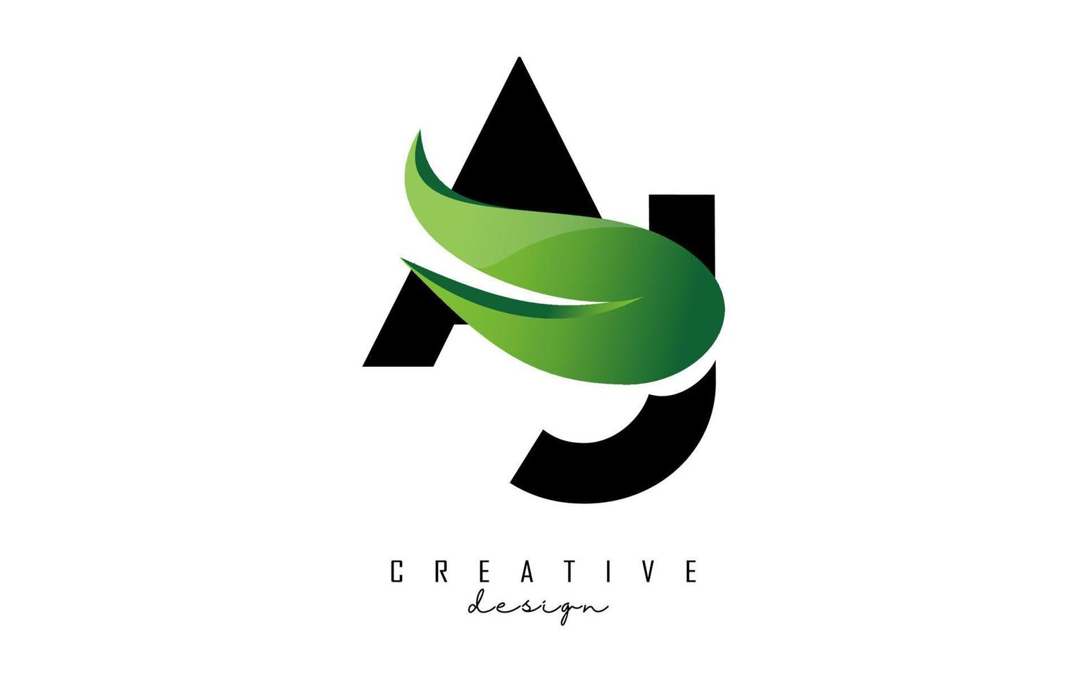 Vector illustration of abstract letters AJ a j with green leaf design.