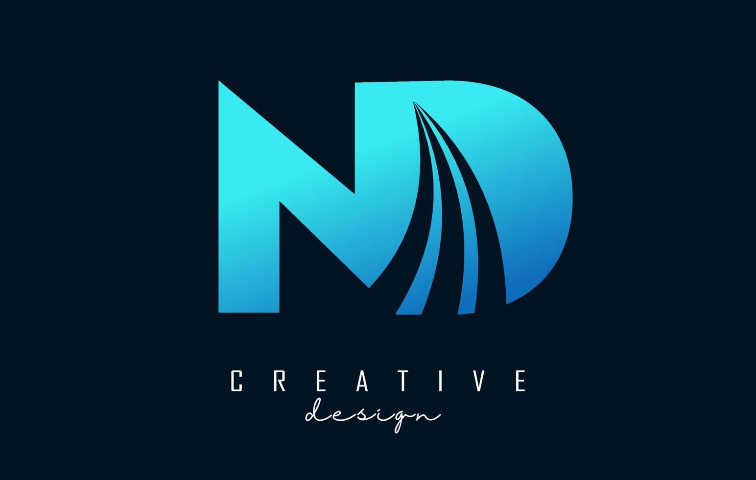 Creative blue letters ND n d logo with leading lines and road concept design. Letters with geometric design. vector