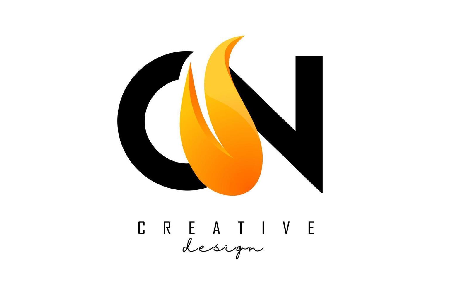 Vector illustration of abstract letters Cn c n with fire flames and orange swoosh design.