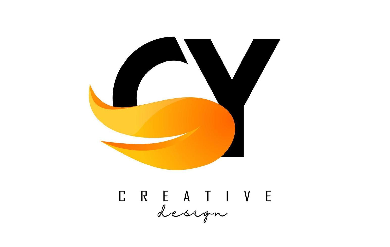 Vector illustration of abstract letters CY c y with fire flames and orange swoosh design.