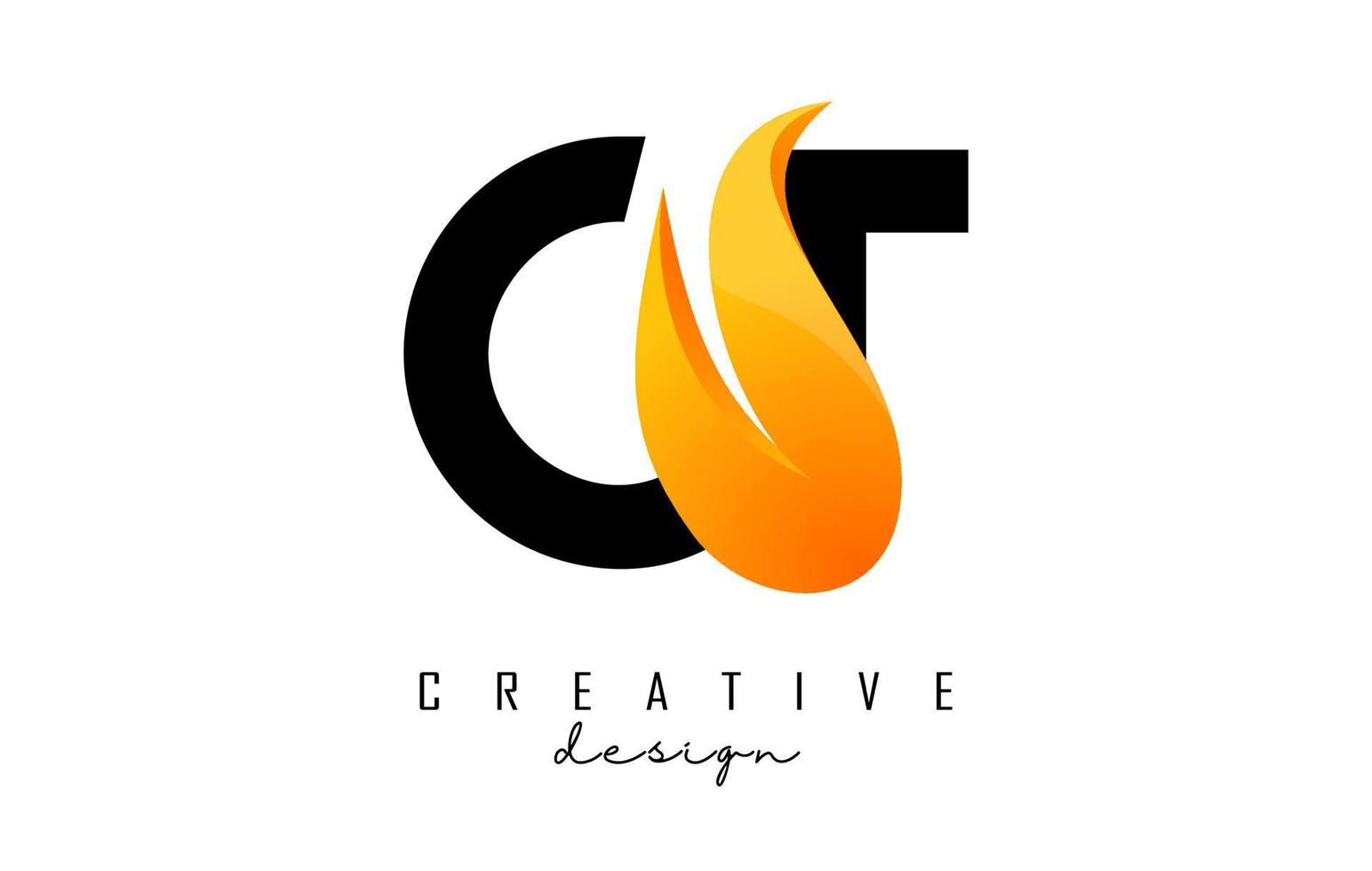 Vector illustration of abstract letters CT c t with fire flames and orange swoosh design.