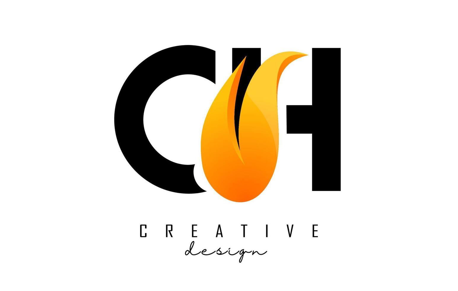 Vector illustration of abstract letters CH c h with fire flames and orange swoosh design.
