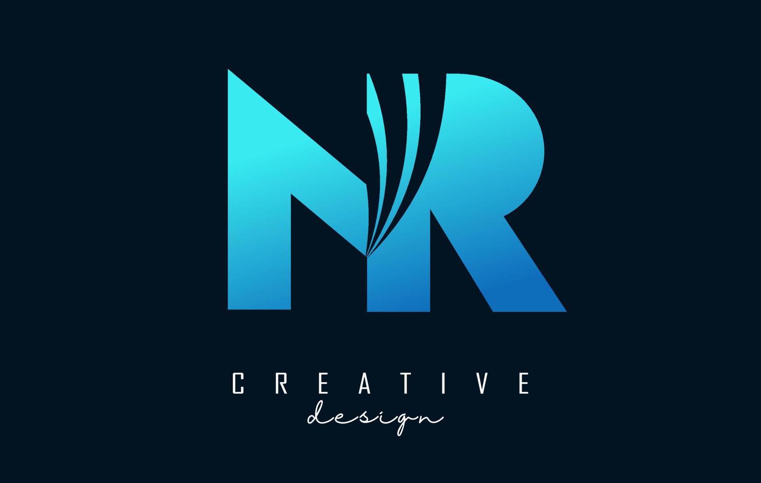 Creative blue letters NR n r logo with leading lines and road concept design. Letters with geometric design. vector