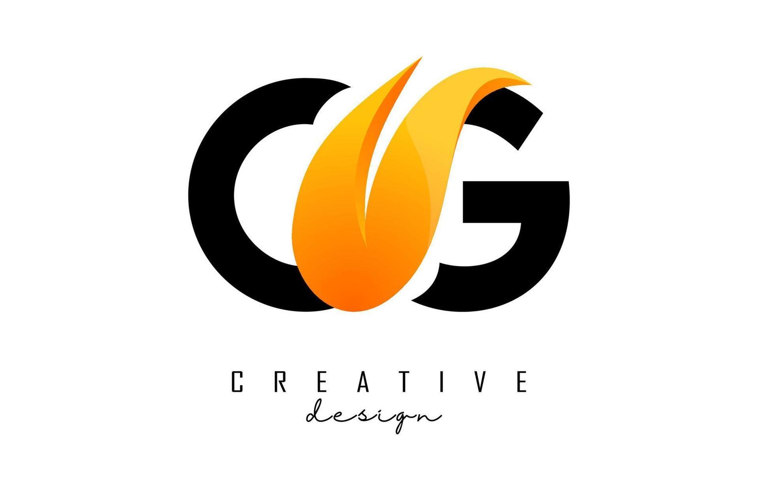 Vector illustration of abstract letters CG c g with fire flames and orange swoosh design.