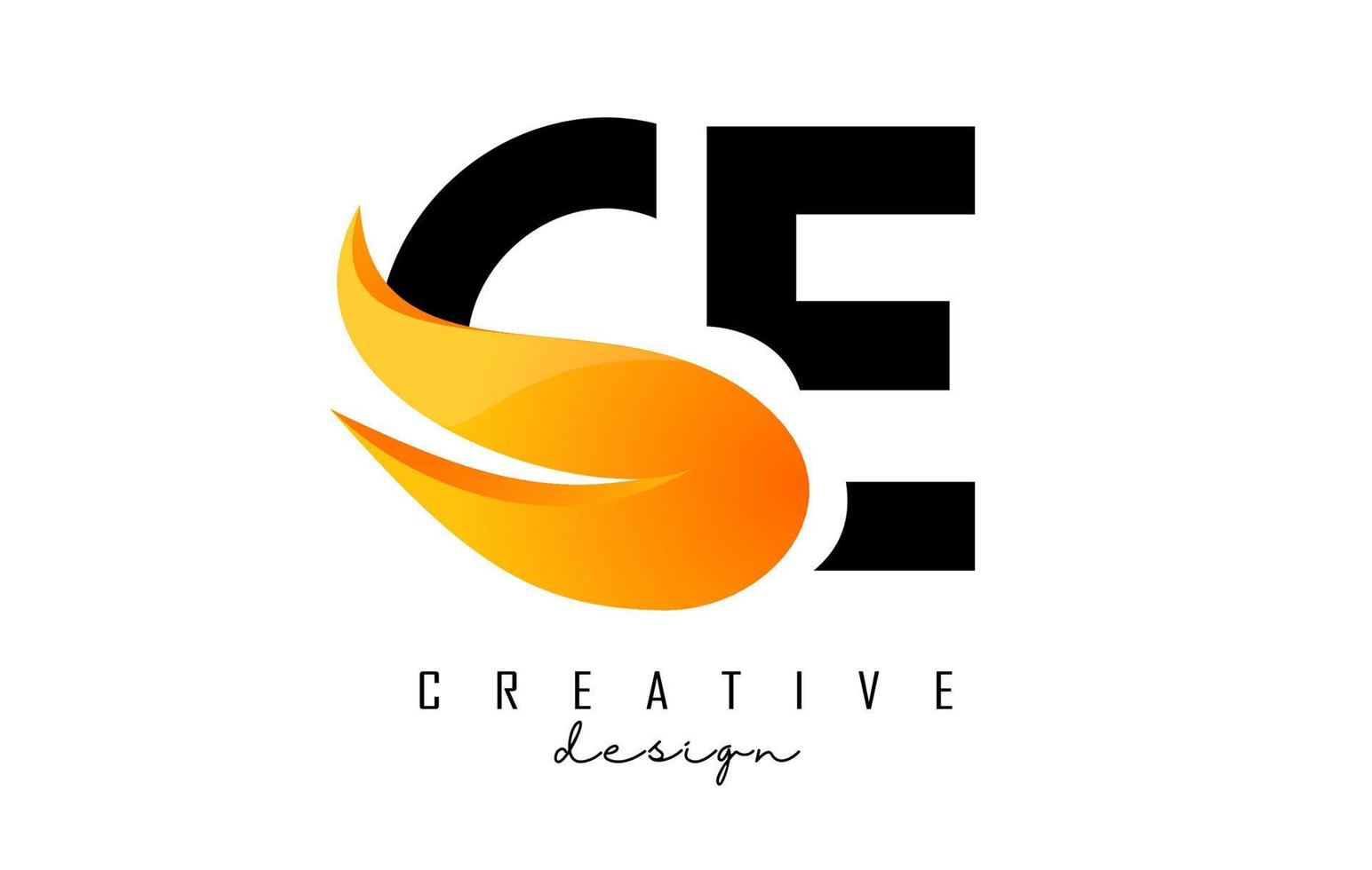 Vector illustration of abstract letters CE c e with fire flames and orange swoosh design.