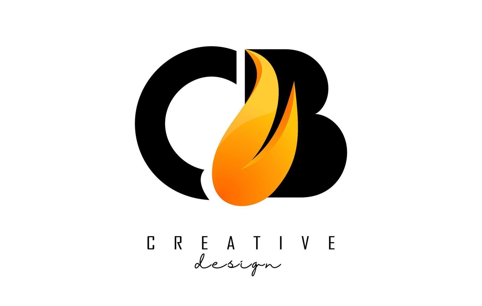 Vector illustration of abstract letters CB c b with fire flames and orange swoosh design.