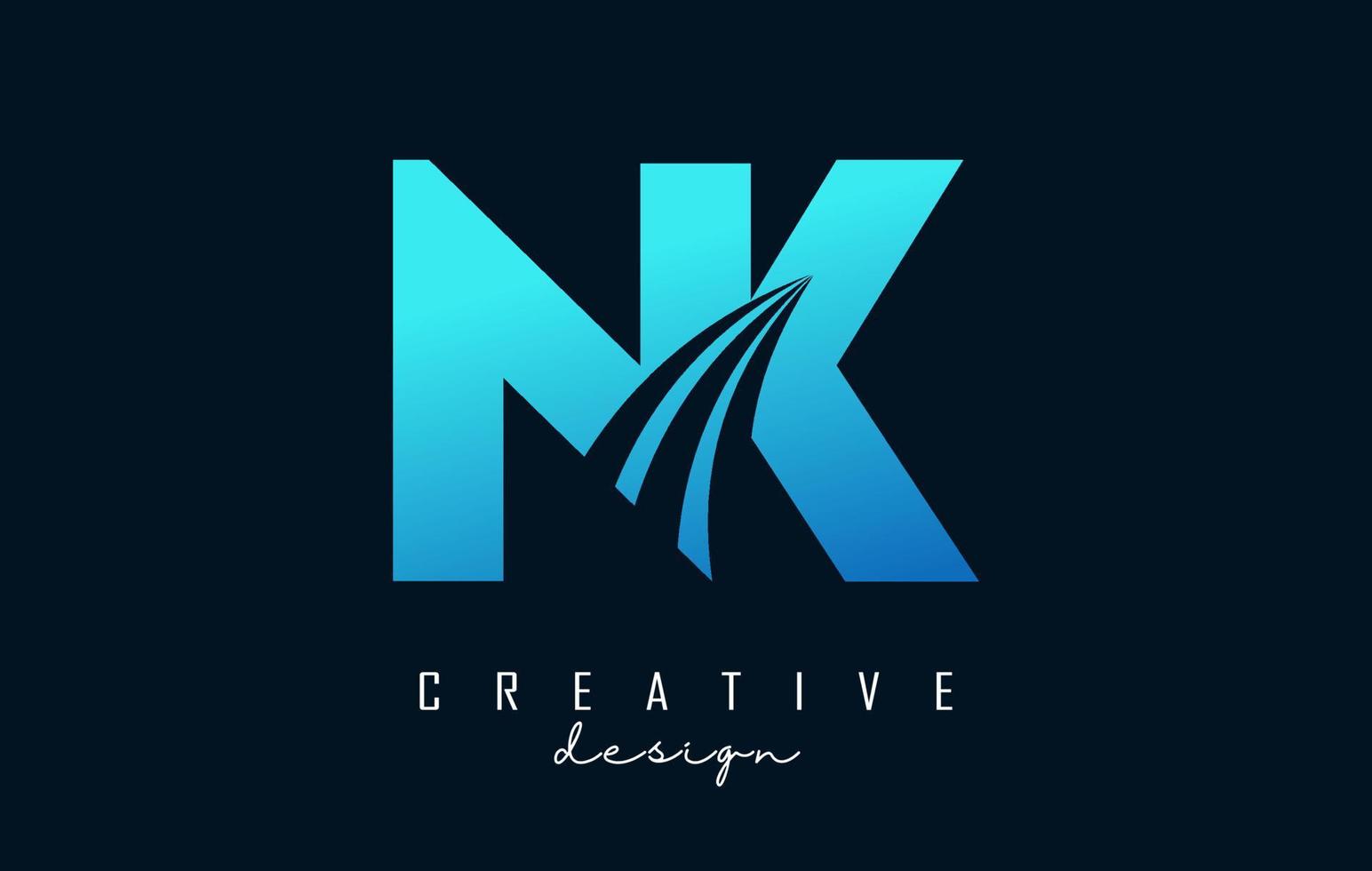 Creative blue letters NK n k logo with leading lines and road concept design. Letters with geometric design. vector