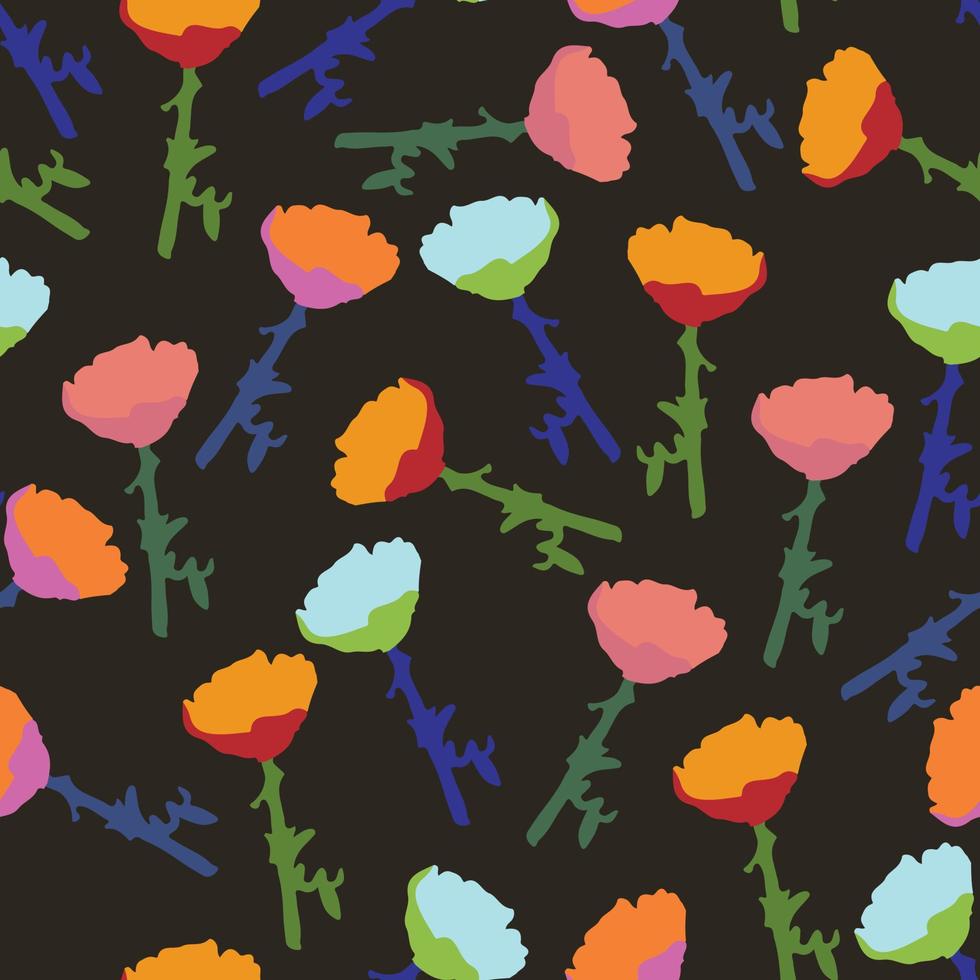 seamless plants pattern on black background with mixed simple flowers , greeting card or fabric vector