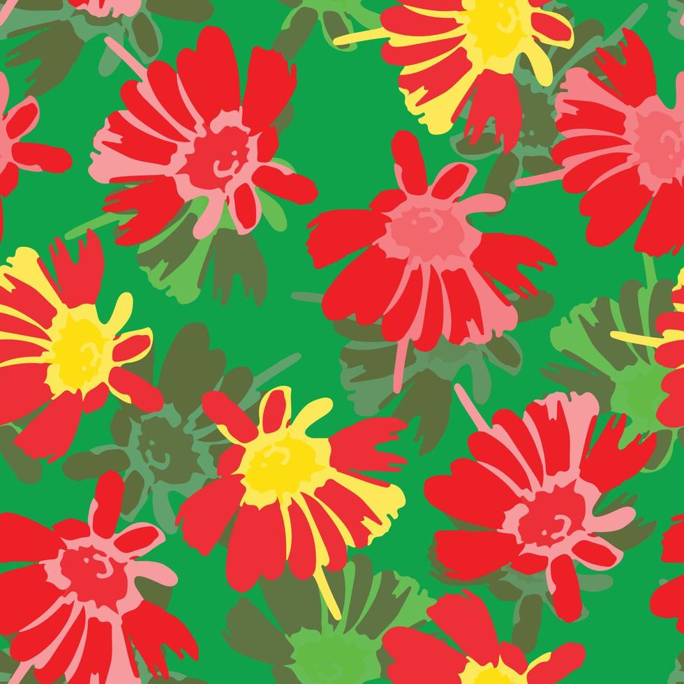 fondo de patrón de plantas sin costuras con margarita roja mixta, tarjeta de felicitación o tela vector