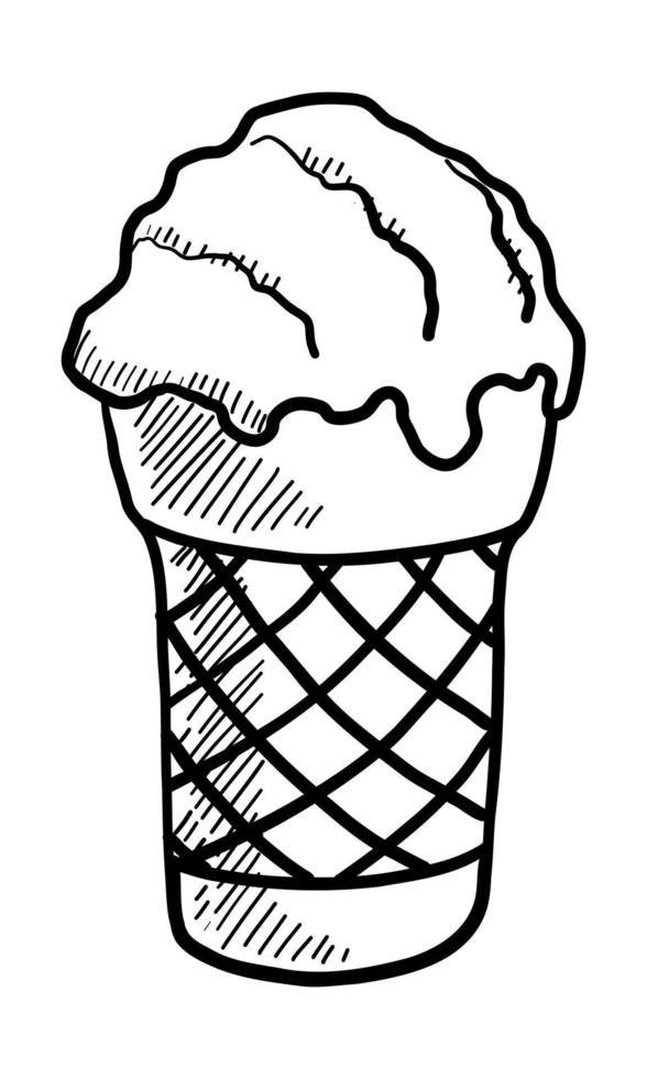 VECTOR CONTOUR DRAWING OF ICE CREAM WITH A WAFFLE CUP ON A WHITE BACKGROUND