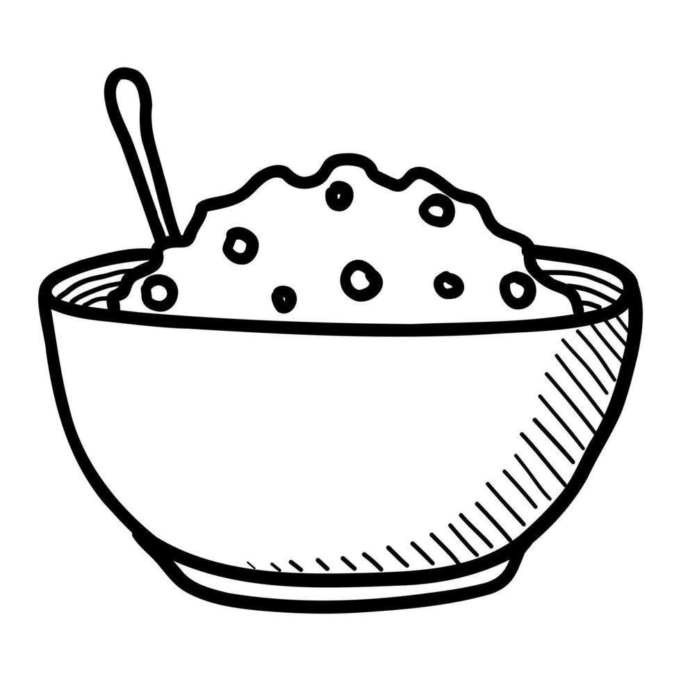 VECTOR ILLUSTRATION OF PORRIDGE IN A BOWL ISOLATED ON A WHITE BACKGROUND. DOODLE DRAWING BY HAND