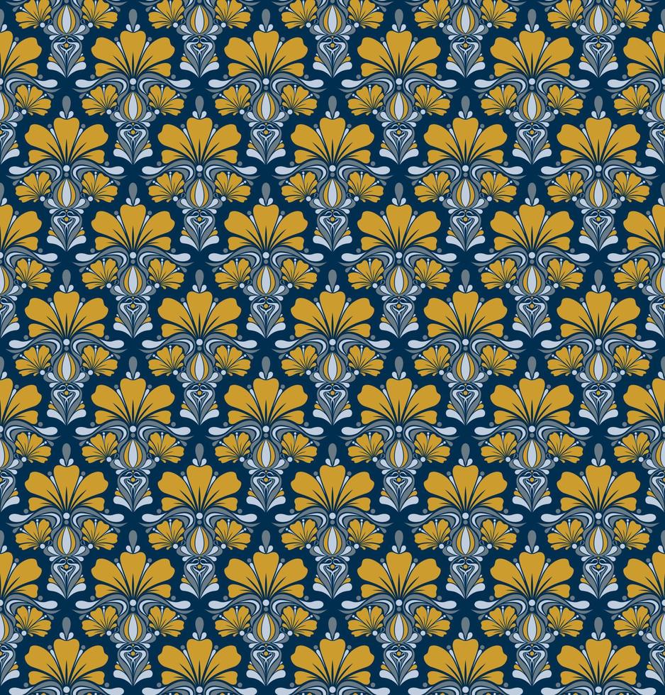 BLUE SEAMLESS VECTOR BACKGROUND IN ART NOUVEAU STYLE WITH A BOUQUET OF YELLOW FLOWERS