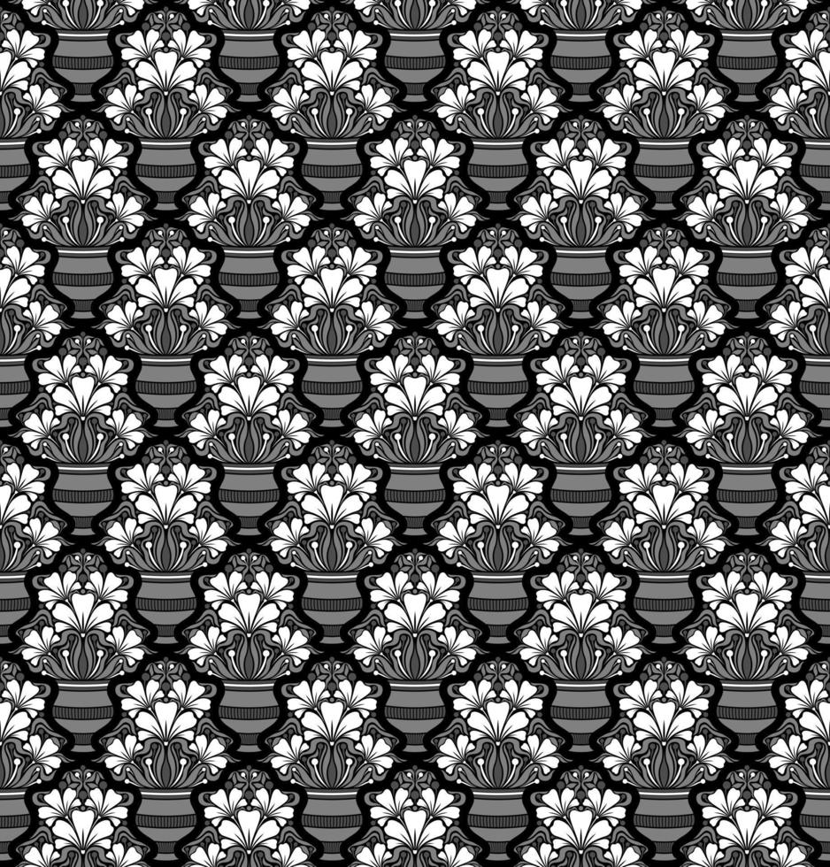 BLACK AND WHITE SEAMLESS VECTOR BACKGROUND IN ART NOUVEAU STYLE WITH A BOUQUET OF FLOWERS