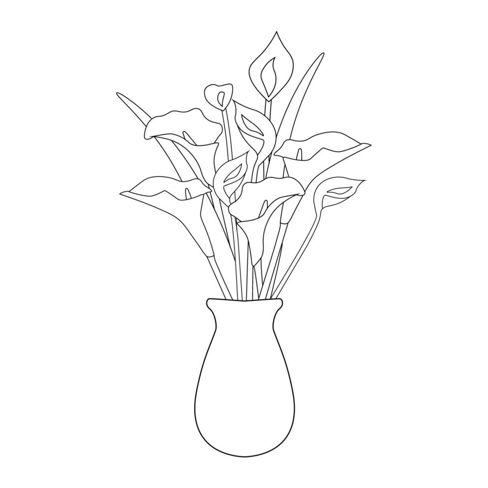 beautiful flower vase line art drawing coloring book page illustration vector