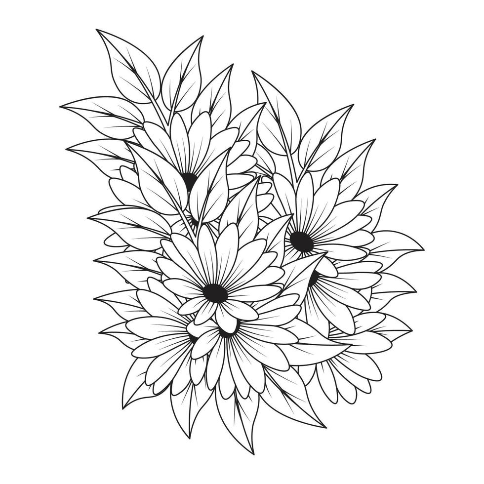 blooming doodle flower coloring book page element with graphic illustration design vector